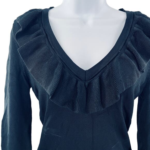 H&M Black Knit Ruffled V-Neck Long Sleeve Slim Fit Knit Pullover Sweater Top S - Picture 1 of 7